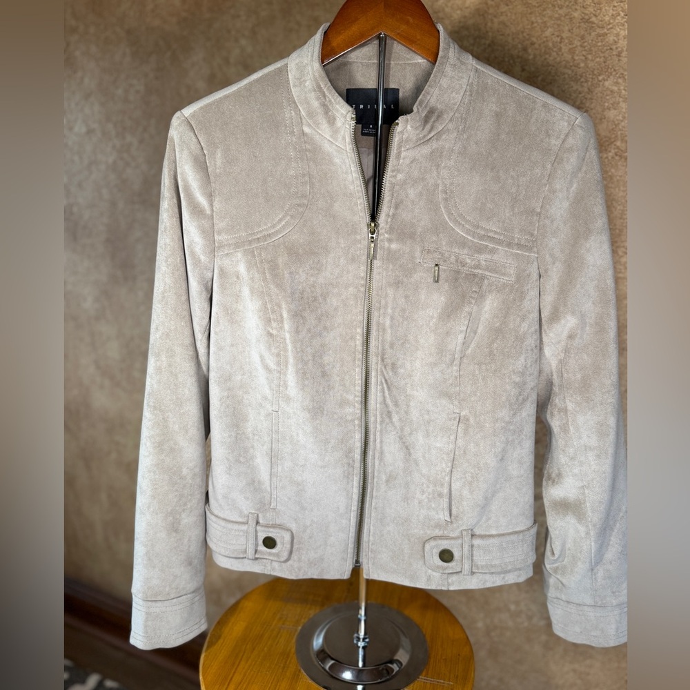 Tribal Faux Suede Jacket Front Zip, Lined, Pockets Size 6